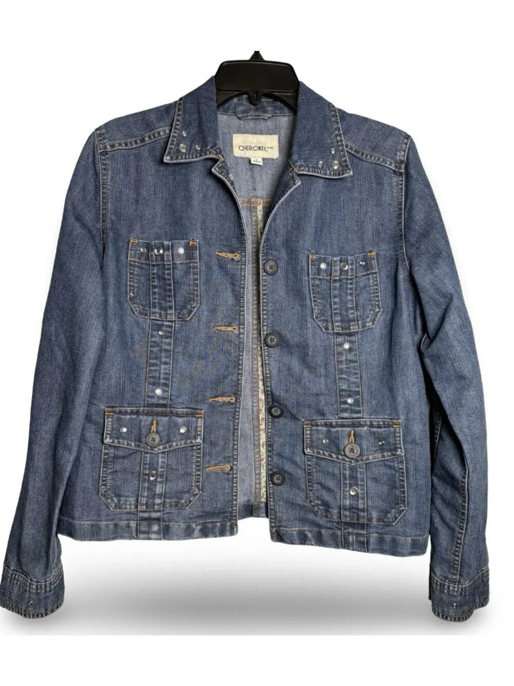 Cherokee Denim Utility Jacket Womens S Blue Jean Custom Rhinestone Studded Chore